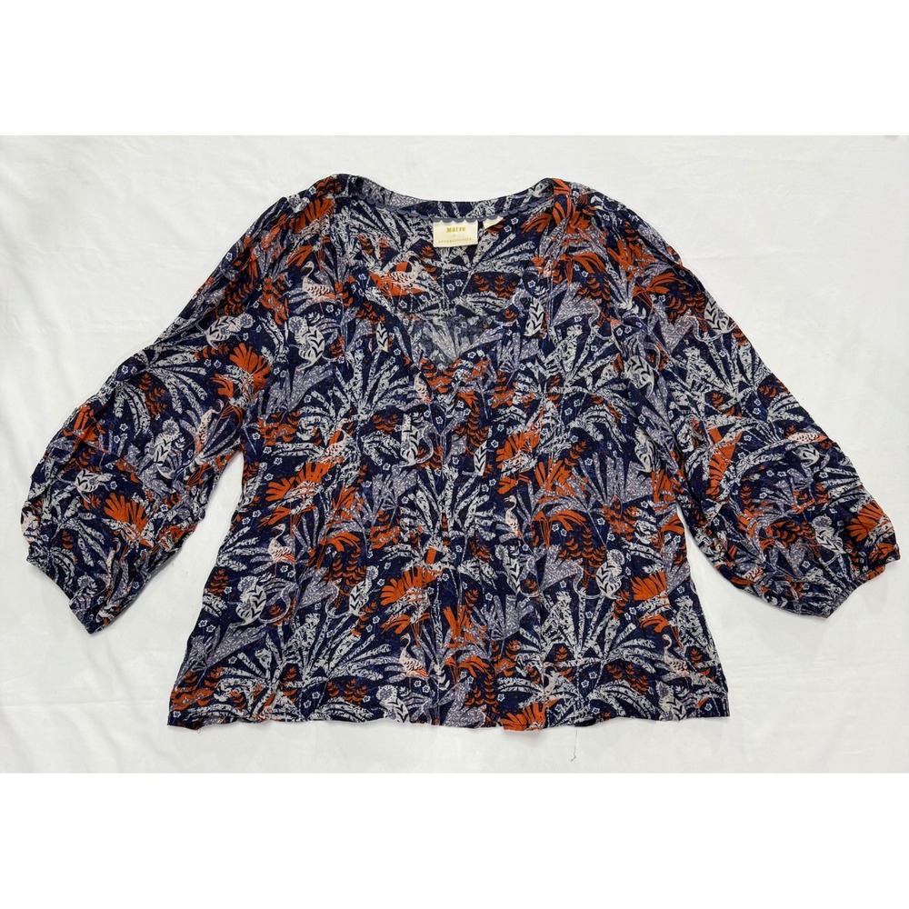 Maeve Anthropologie Tropical Jungle Tiger Crane Print V-Neck Blouse Navy Orange